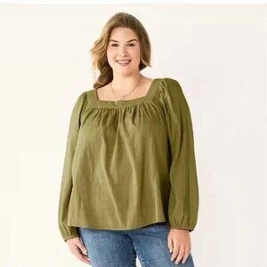 Sonoma Womens Square Neck Puff Sleeve Top Olive Plus 2X NWT